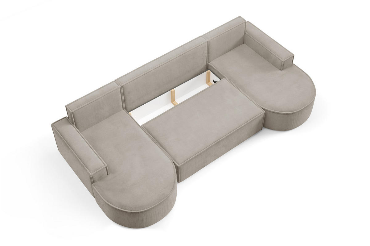 ECKSOFA MOLLY U Freistehendes, mit Schlaffunktion, 140x273cm, Bettkasten und Abnehmbaren Kissen – 316x157x88cm, Curio Stoff, Esche - Hellgrau, Holz/Textil (316/157cm) - DomoHome