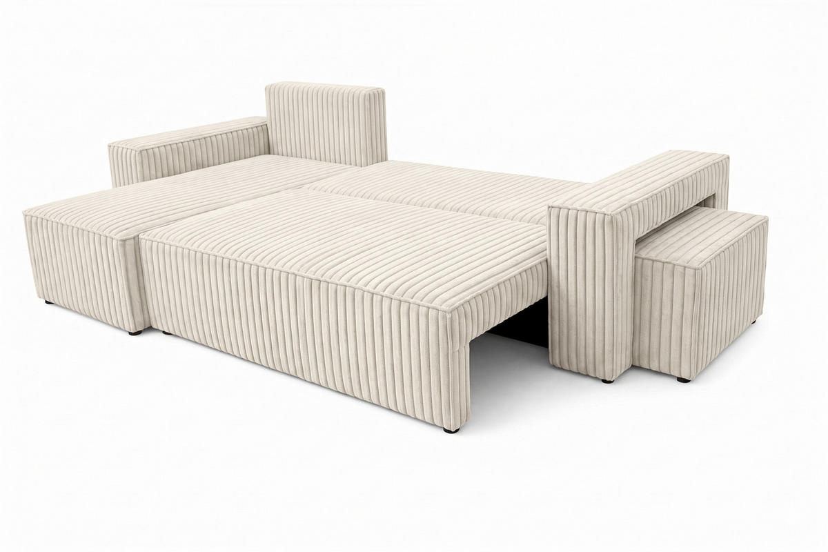 ECKSOFA Mit Schlaffunktion Und Pouf, Cordstoff Tilia, Ecru, Links, Best L Mit Pouf - Ecru, Holz (244/145cm) - Kaiser Möbel