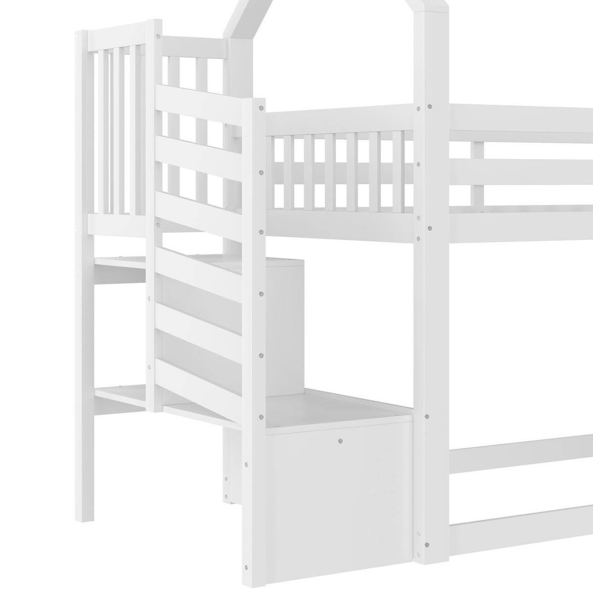 ETAGENBETT aus Kiefer und MDF 90x200 cm Weiß/Grau mit Stauraumtreppe, Rutsche und Hausdesign - Weiß, Holzwerkstoff (90/200cm) - Modfu