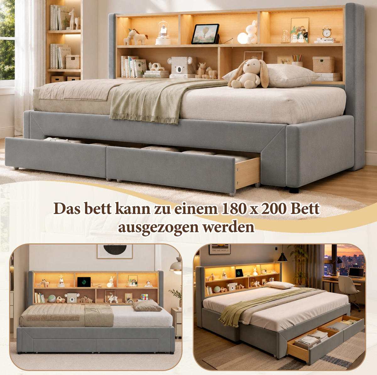 BETT 90/180/200 cm in Grau aus Samt mit LED-Beleuchtung und USB-/Type-C-Anschlüssen - Grau, Textil (180/200cm) - Flora Grace