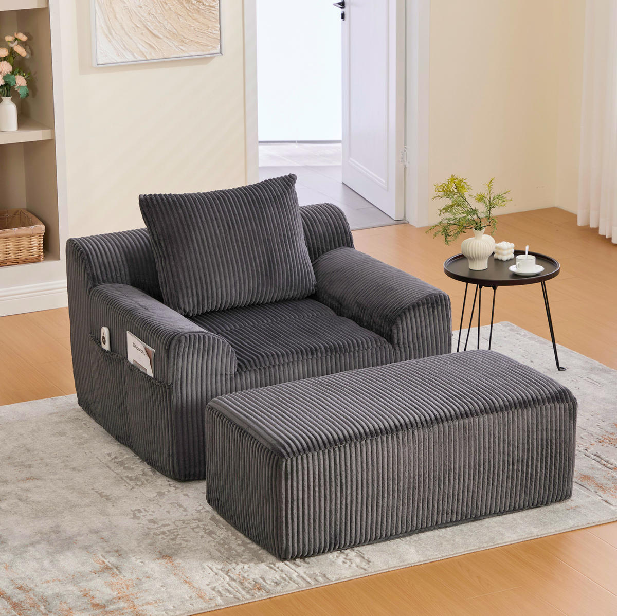 CORD-SESSEL mit Fußhocker 147/110/67 cm in Dunkelgrau – mit Seitentaschen - Dunkelgrau, Textil (147/67/110cm) - BEAOK