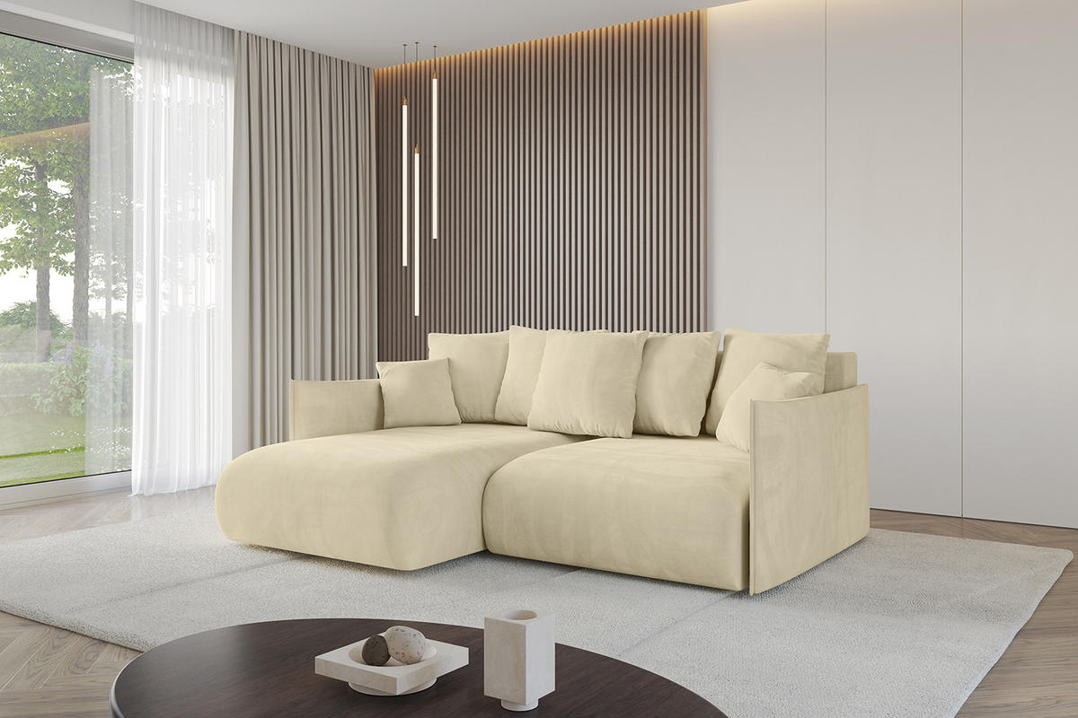 ECKSOFA mit Schlaffunktion und Bettkasten ONESK-L 208x165x40 Beige Velours - Beige, Holzwerkstoff/Kunststoff (208/165cm) - ALTDECOR