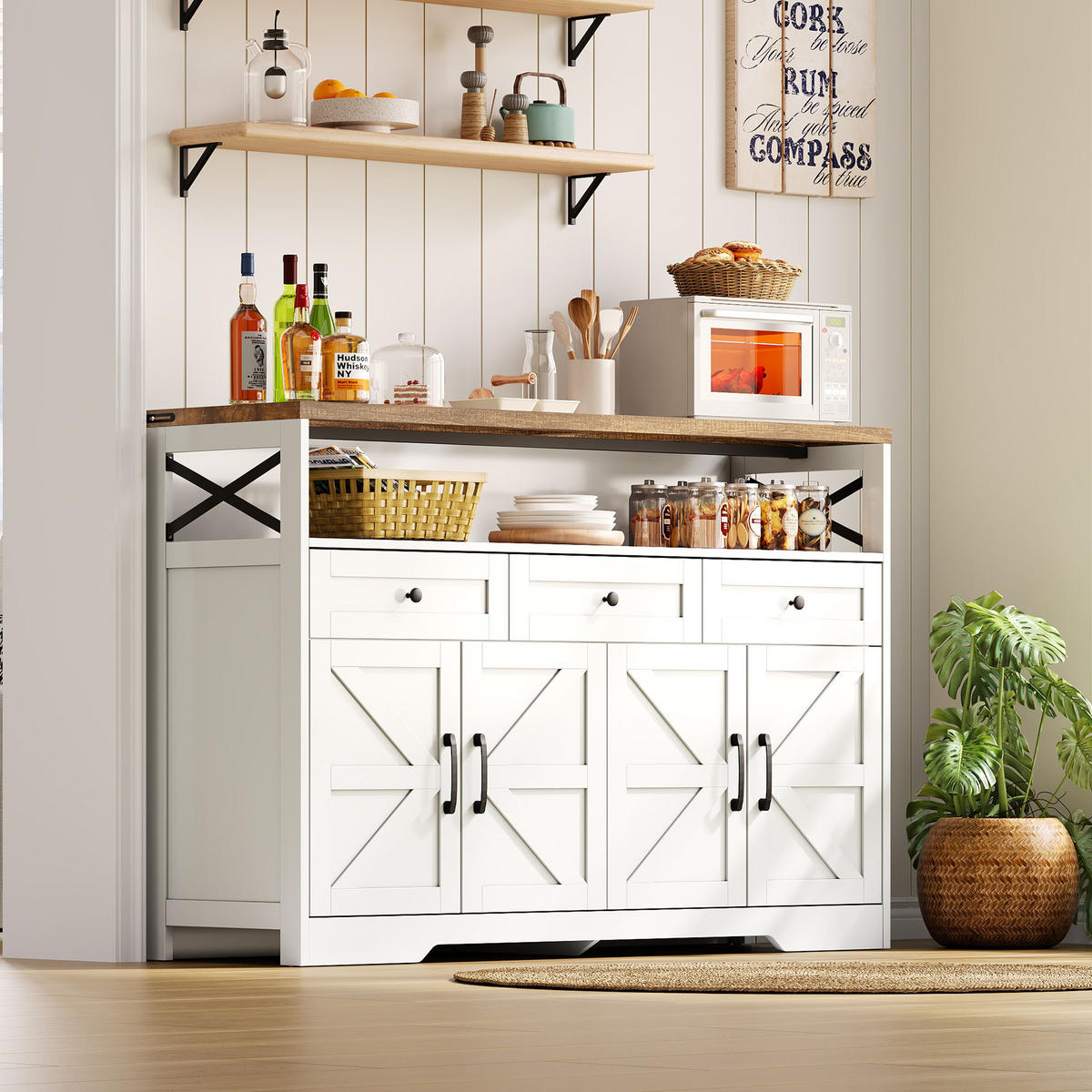 BUFFET braun-weiß aus MDF mit X-Dekortüren 140 × 35 × 95 cm - Weiß, Holzwerkstoff (140/95/35cm) - Luhomfu