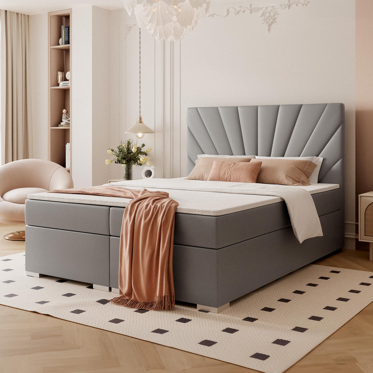 BOXBETT OASIS 120/200 cm mit Matratze und Topper, Grau - Chromfarben/Grau, Textil/Metall (120/200cm) - Idohome