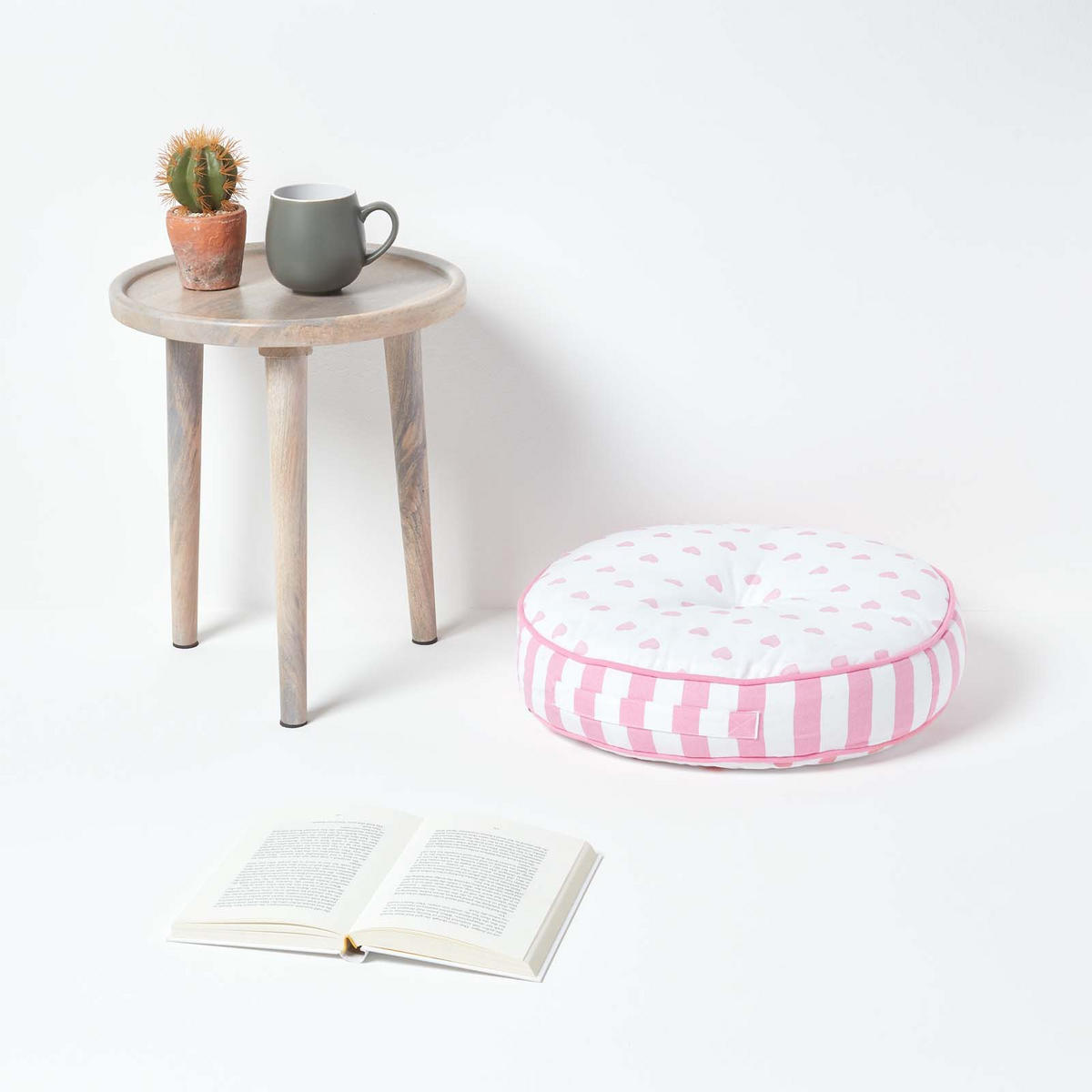BODENKISSEN rund, Herzen & Streifen – rosa-weiß, Ø 43/7 cm - Weiß, Textil (43/43/7cm) - Homescapes