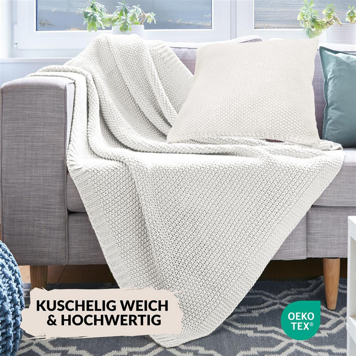 STRICKDECKE 130x170 cm, Kuscheldecke aus 100% Polyacryl, Flauschige Wohnzimmer Wohndecke für Sofa, Bett, Couch uvm. - Weiß - Ecru, Textil (130/170cm) - Carpe Sonno