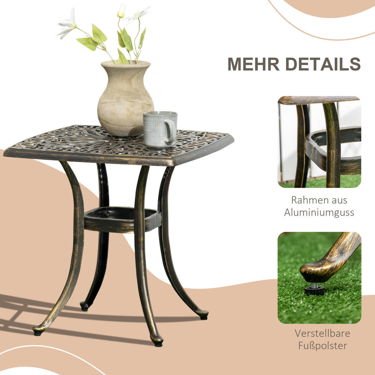 BEISTELLTISCH aus Aluminium 54x54x52,5 cm Bronze mit Schirmöffnung und verstellbaren Füßen im Vintage-Look - Bronzefarben, Metall (54/54/52.5cm) - Modfu