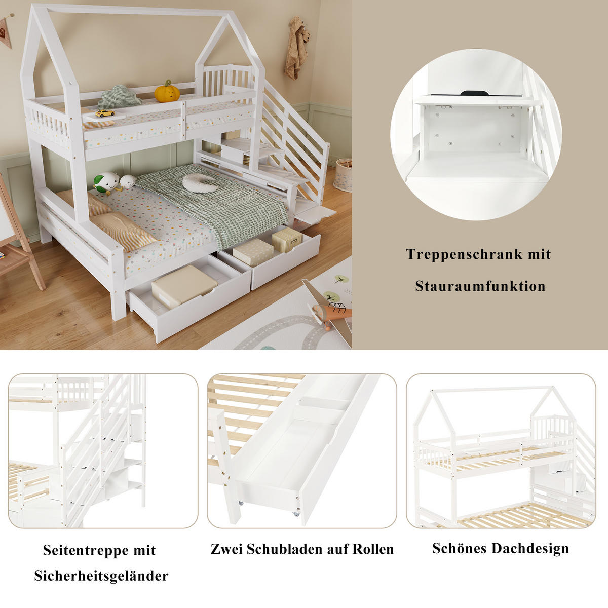 HAUSBETT 90/200 & 140/200 cm in Weiß mit Treppenschrank und Schubladen - Weiß, Holzwerkstoff (90/200cm) - BEAOK