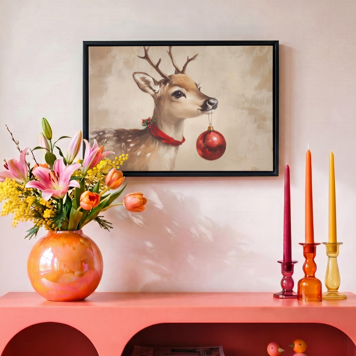 LEINWAND Bilder mit Rahmen - Weihnachten - Hirsch - Geweih - Weihnachtskugel - Rentier - 30x20 - Hellbraun, Textil (30/20cm) - MuchoWow