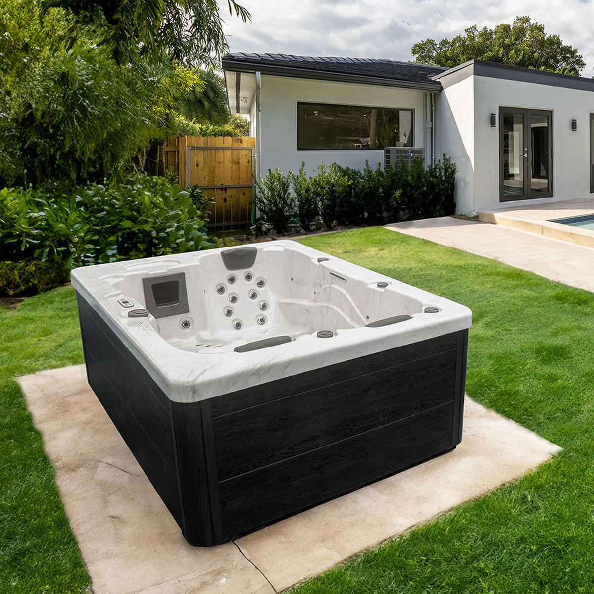 OUTDOOR Whirlpool WHITE MARBLE PURE - 210 x 160 cm für 3 Personen - Anthrazit, Kunststoff (160/80/210cm) - Home Deluxe