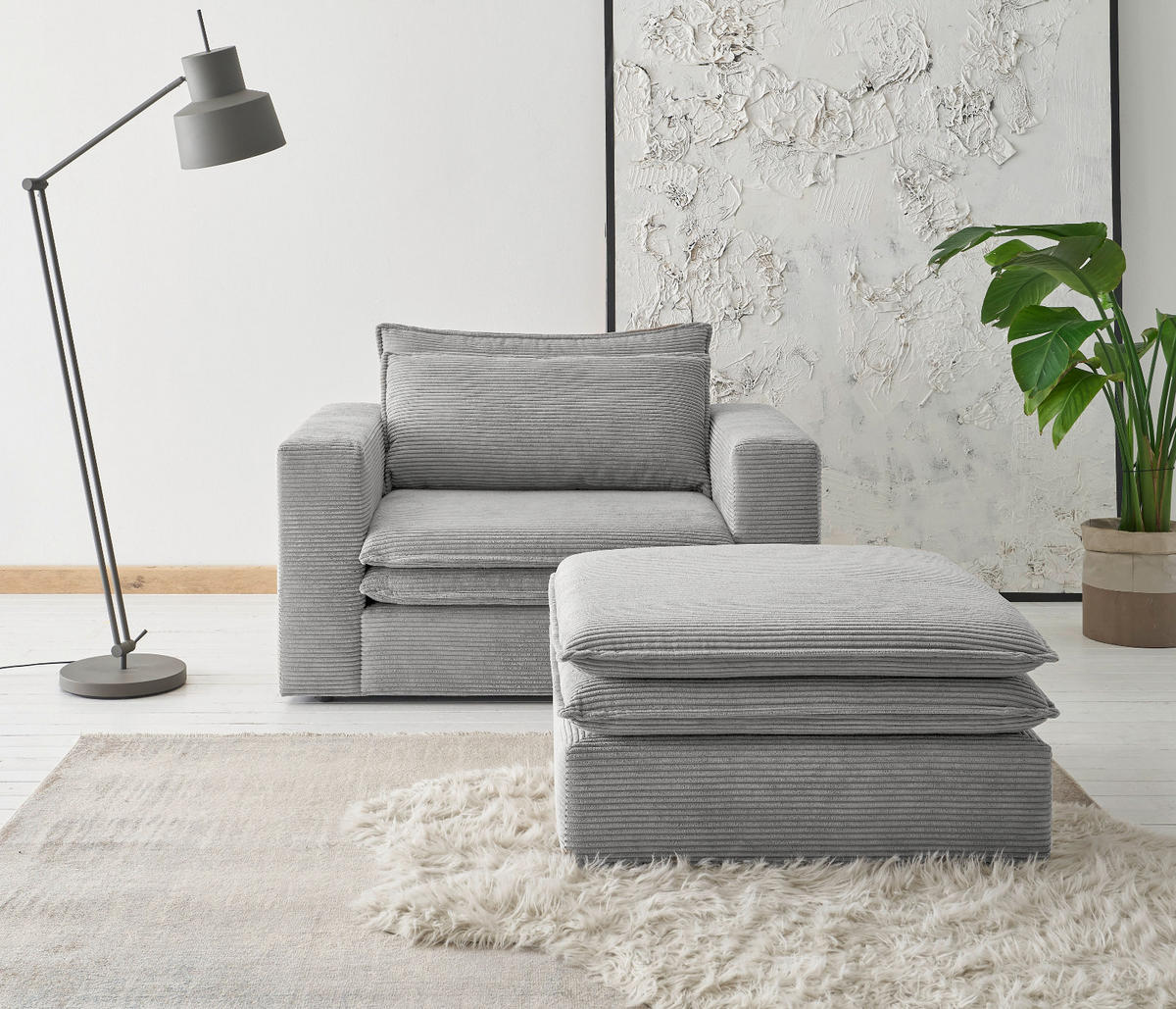 LOVESEAT Set hellgrau Cord, Couch Loungesessel inklusive Hocker - Beige/Hellgrau, Holz/Kunststoff (176/83/125cm) - Furn.Design