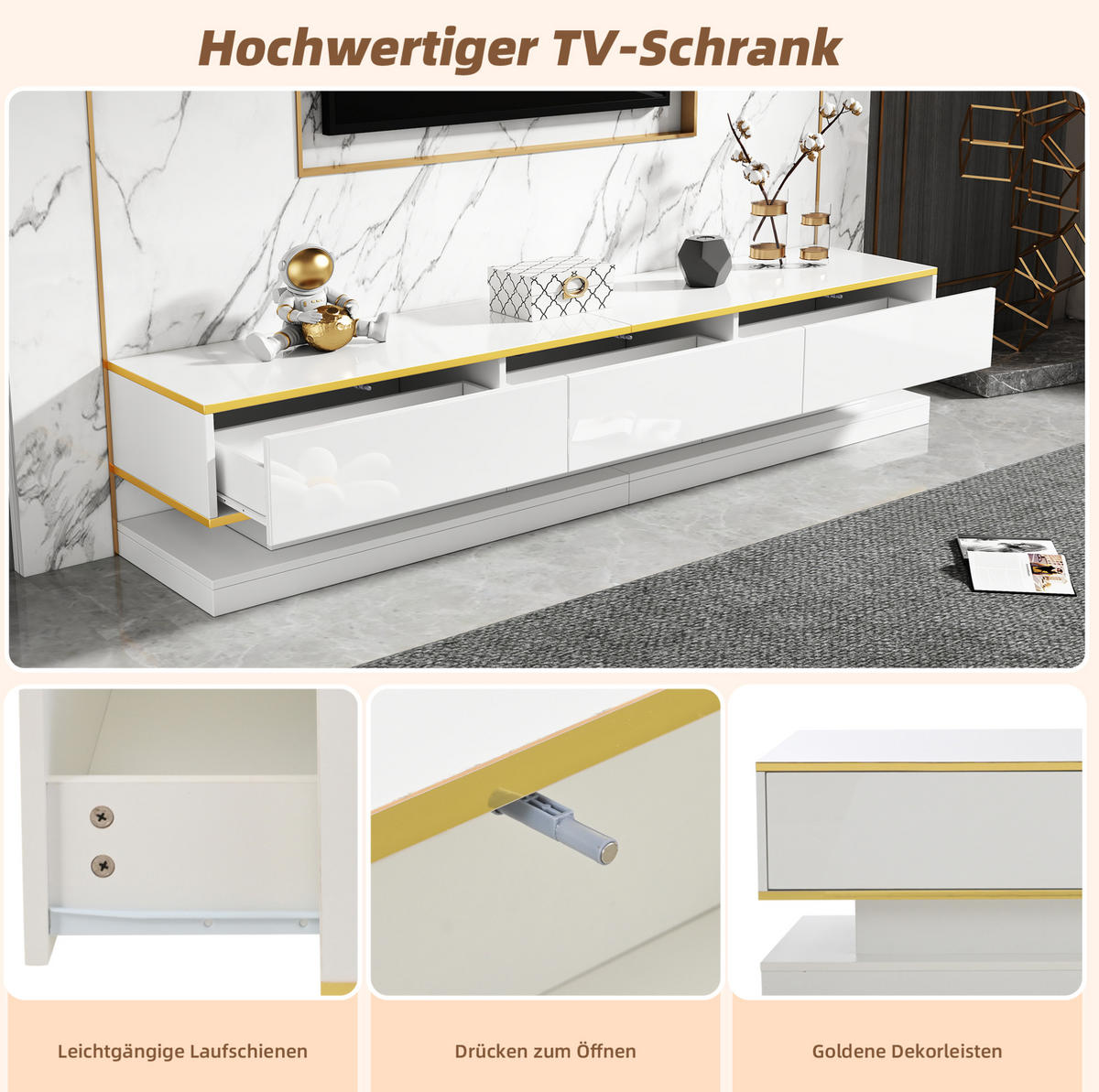LOWBOARD 200/40/40 cm aus Spanplatte mit 3 Schubladen und Hochglanzfront Warmweiß mit Goldrand - Weiß, Holzwerkstoff (200/40/40cm) - Modenvie