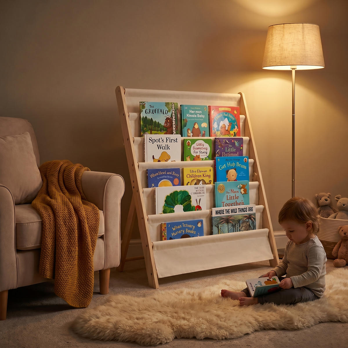 BÜCHERREGAL Weiß Natur Kinder 6 Stofffächer 80x75x30 cm - Creme, Holz/Textil (75/80/30cm) - Relaxdays