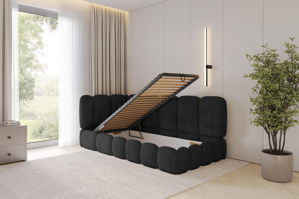 EINZELLBETT Jugendbett mit Bettkasten und Matratze H3/H4, Rechts - AVRY 80x200 Schwarz - Anthrazit, Holzwerkstoff/Textil (80/200cm) - ALTDECOR
