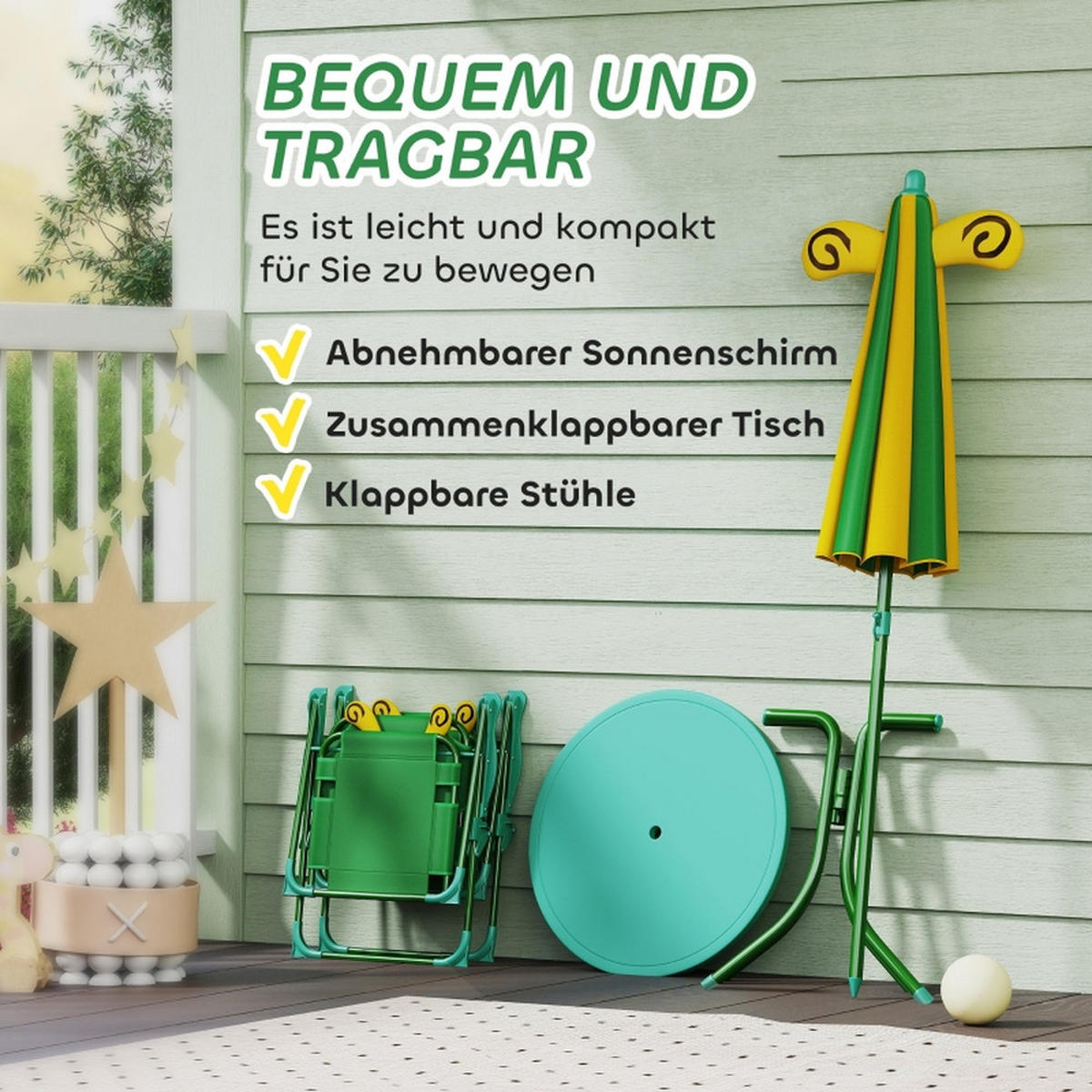 KINDER-GARTENMÖBEL4 tlg Kinder Gartenmöbel Bienen-Design 49,5x49,5x50cm Mit Sonnenschirm - Grün, Textil - Raelunyi