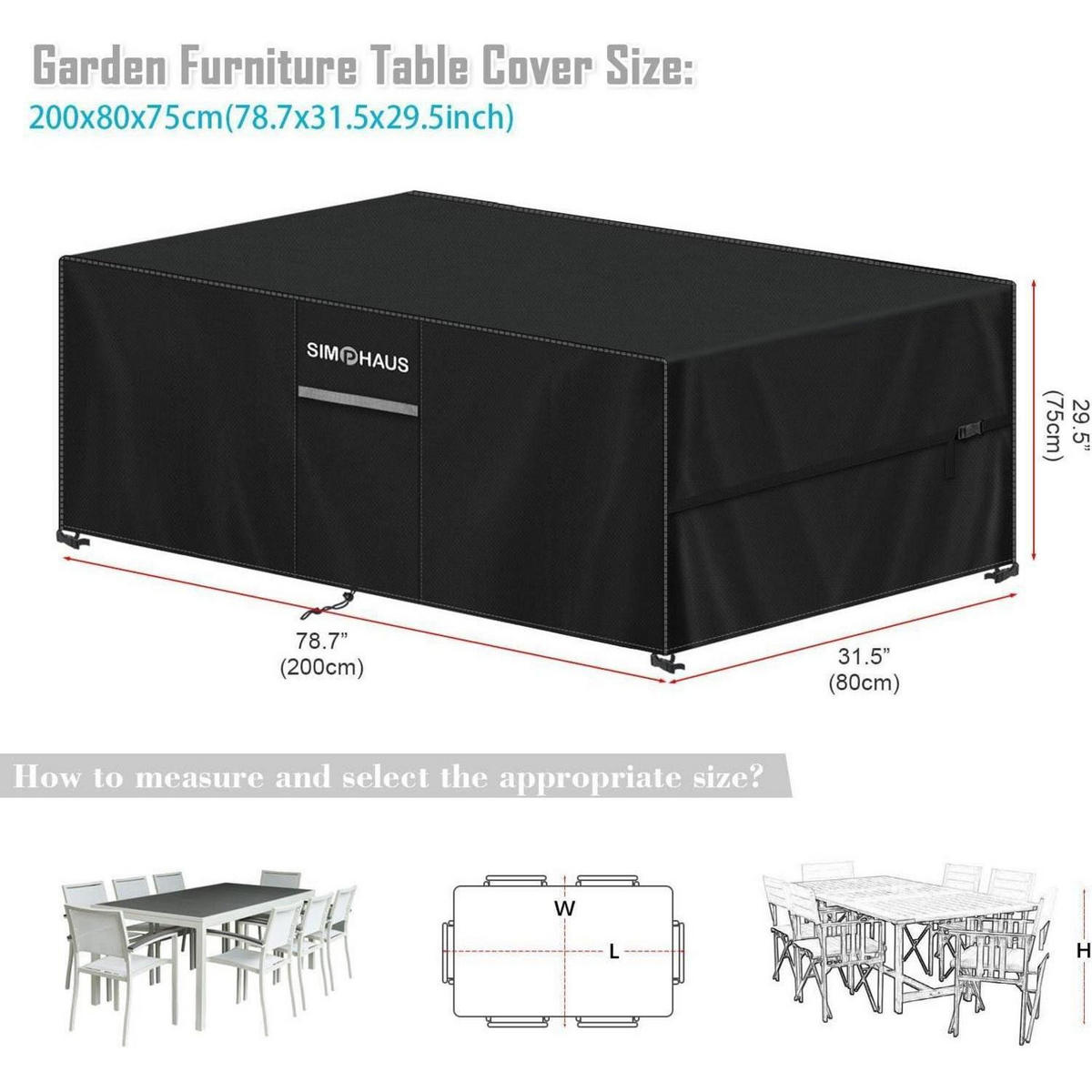 ABDECKUNG für Gartenmöbel Wasserdicht 200 x 80 x 75 cm - Schwarz, Textil (1/1/1cm)