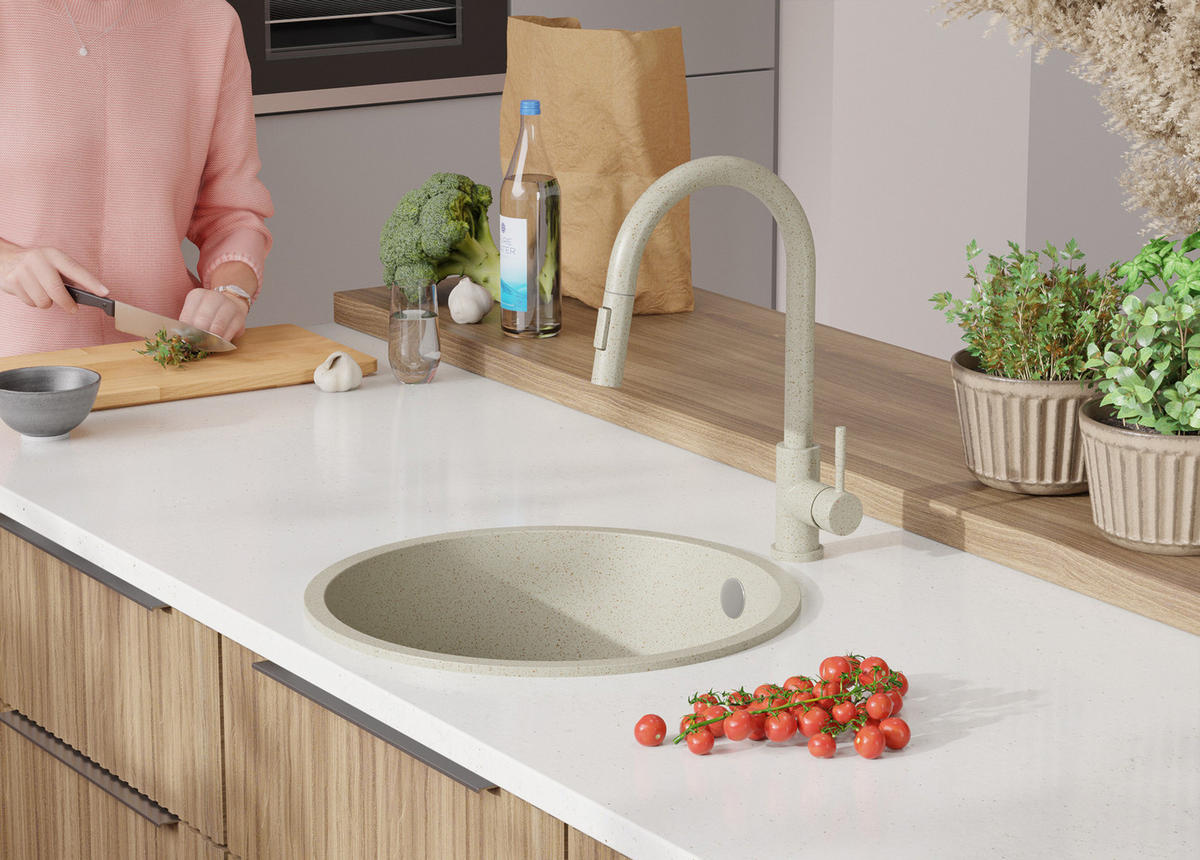 SPÜLBECKEN RUND Valletta Slim, 2-er set Beige 46/46 cm 1 Becken + Ablauf-Set ab 50er Unterschrank - Chromfarben/Beige, Kunststoff (46/20/46cm) - Primagran