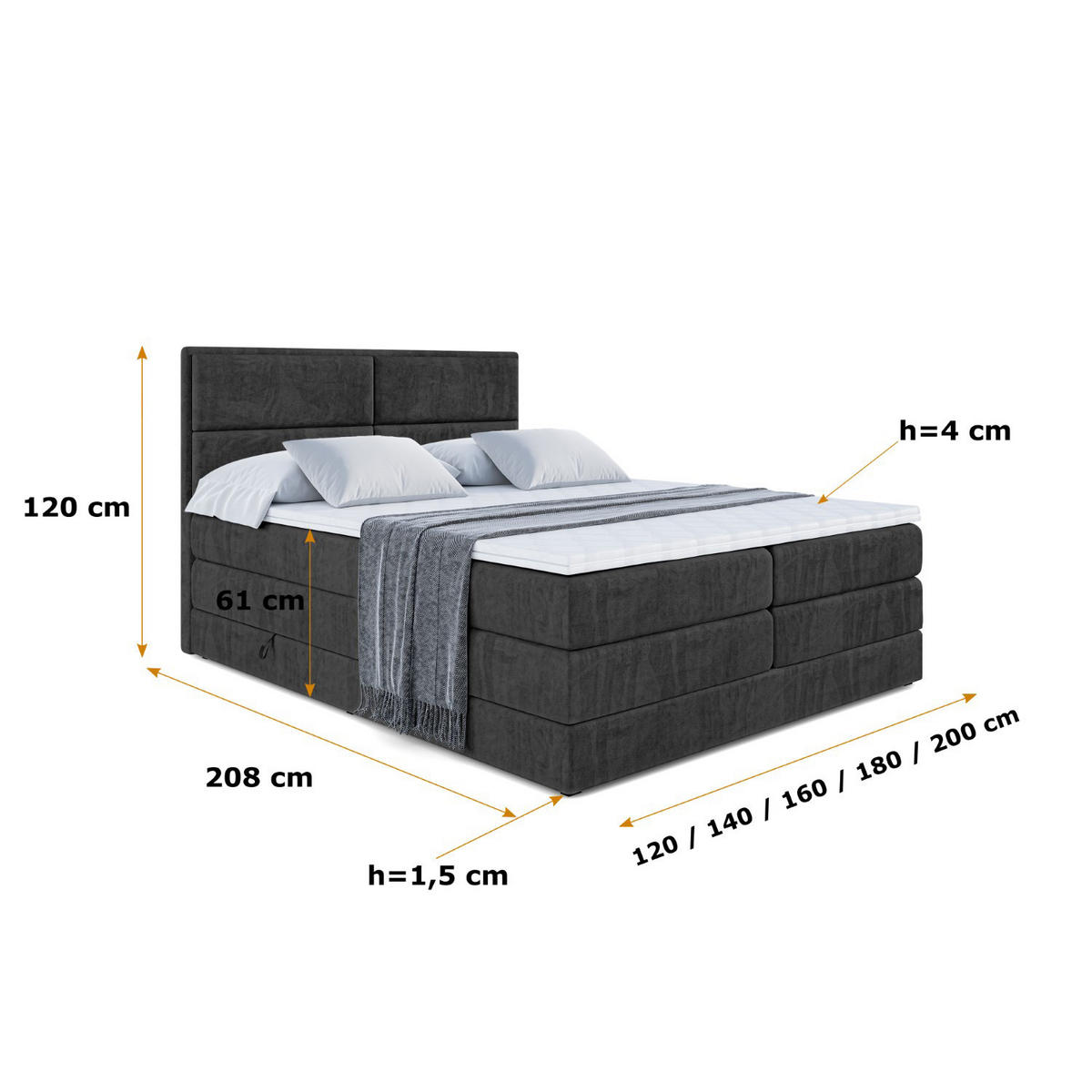 BOXSPRINGBETT AURA KING - 180 x 200 - H3/H4 - Schwarz - Schwarz, Holzwerkstoff (180/200cm) - ALTDECOR