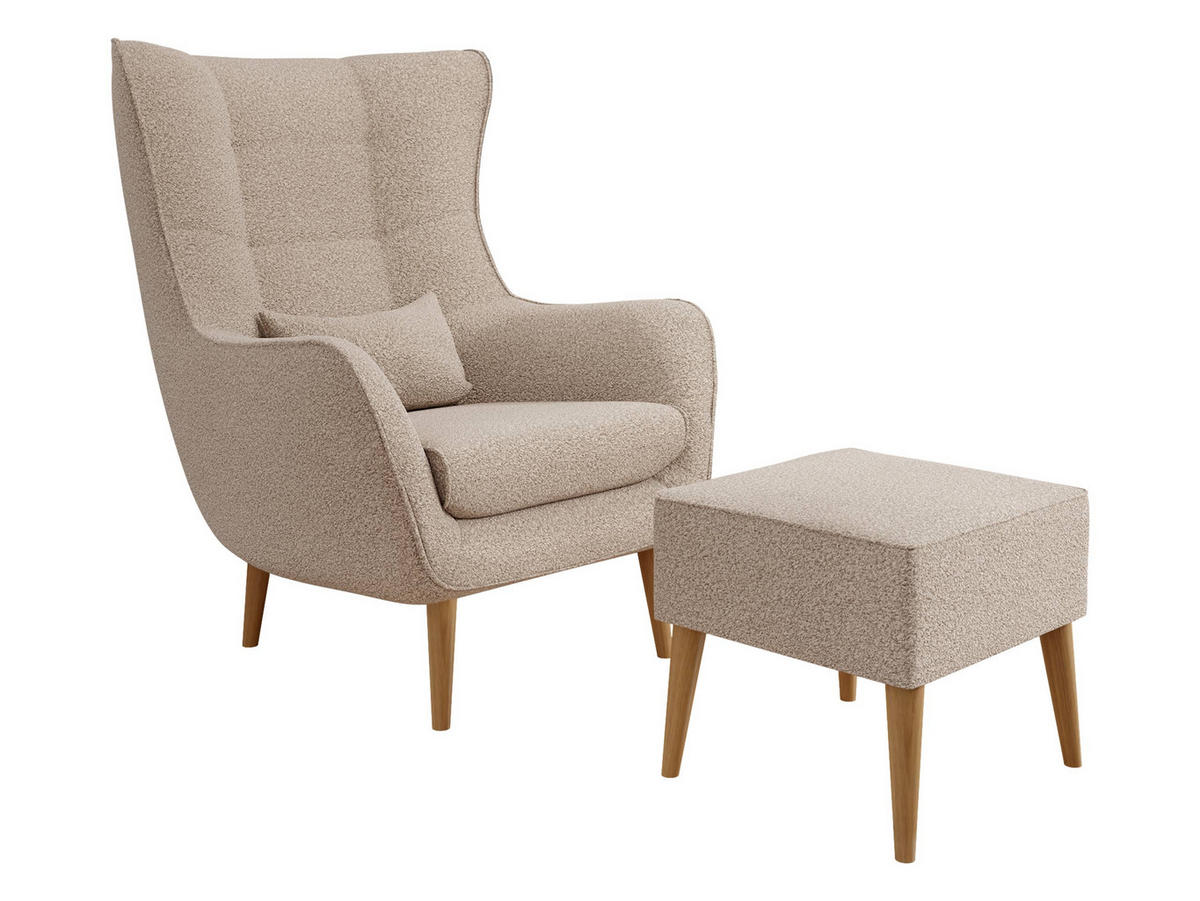 SESSEL Estjano Boucle mit Fußbank - Beige, Holz/Textil (80/106/95cm) - MIRJAN24