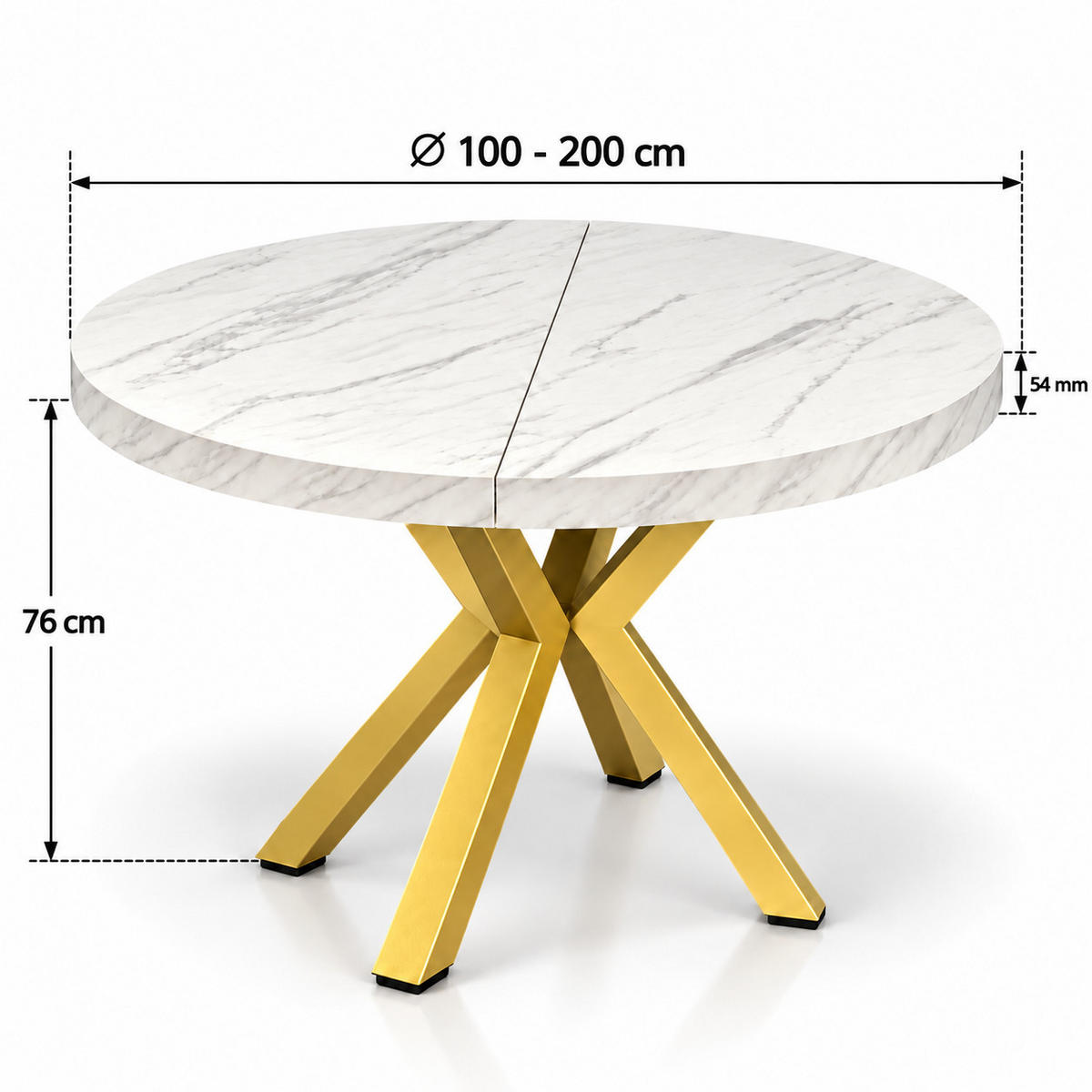 ESSTISCH rund ausziehbar 100/200/76 cm, Marmor, 54 cm Tischplatte + X Metallbeine Gold - Goldfarben/Hellgrau, Holzwerkstoff/Metall (100/200/76cm) - Damale Möbel