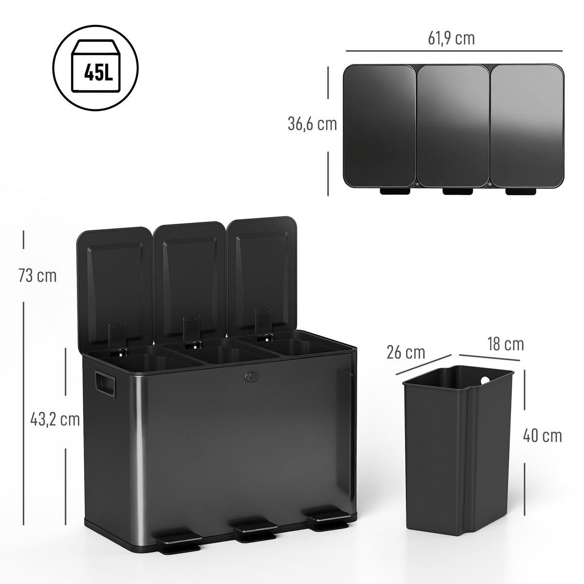 MÜLLEIMER DE-08955 3x20 L, Soft-Close, herausnehmbar Schwarz - Schwarz, Metall (36.6/43.2/61.9cm) - ComfortXL