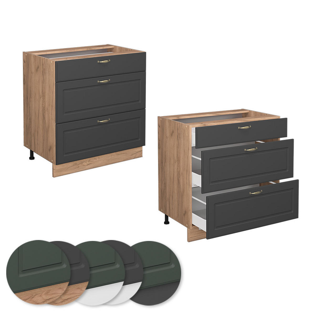 KÜCHENUNTERSCHRANK Fame-Line Anthrazit-Gold 80 cm mit 3 Schubladen ohne AP - Anthrazit/Eiche Wotan, Holzwerkstoff (80/82/51.6cm) - Vicco