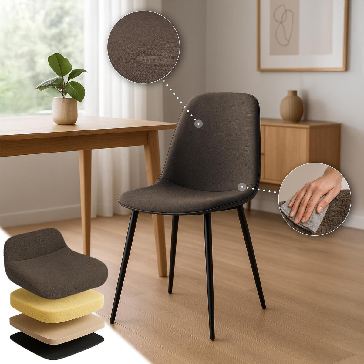 ESSZIMMERSTUHL 4er Set Stoff Braun - Schwarz/Braun, Textil/Metall (45/88/54cm) - CLP