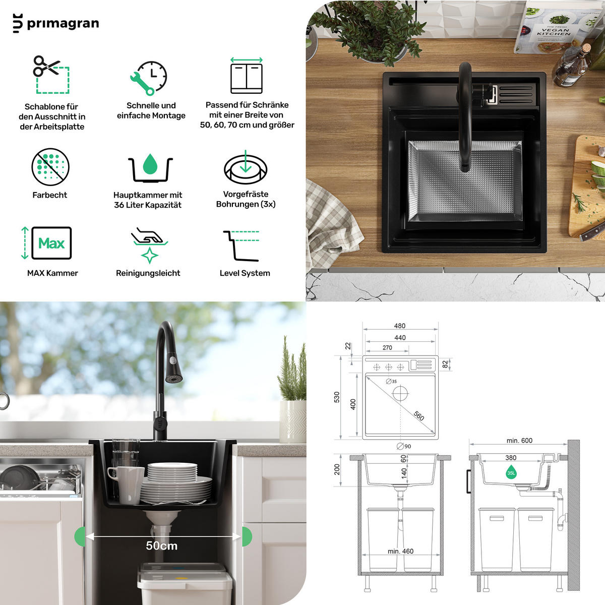 GRANITSPÜLE Oslo Pocket, 2-er set Weiß 48/53 cm 1 Becken + Küchenarmatur 32/20 cm + Ablauf-Set + Küchenzubehörset ab 50er Unterschrank - Chromfarben/Beige, Kunststoff (48/20/53cm) - Primagran