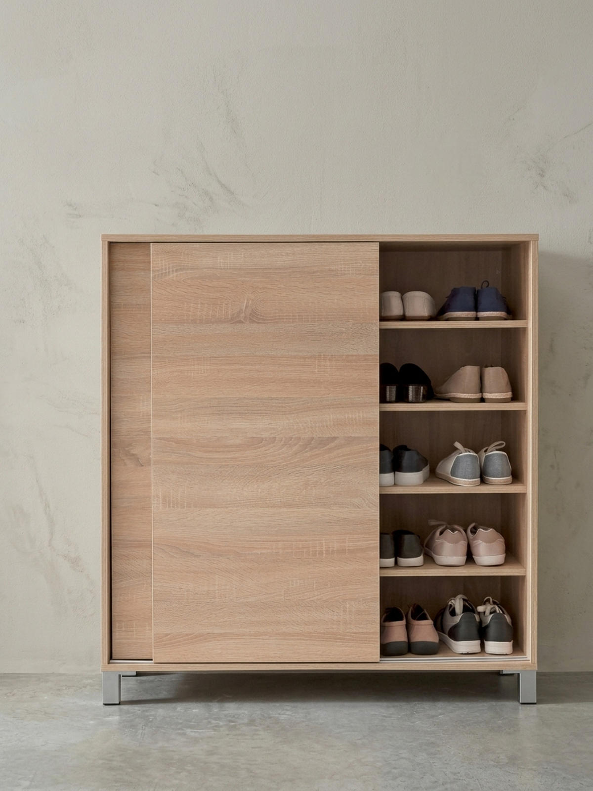 SCHUHSCHRANK Holz für 20 Paar Schuhe mit Schiebetüren, Beige 100x38x108 cm - Beige/Silberfarben, Holz/Kunststoff (100/108/38cm) - KADIMA DESIGN