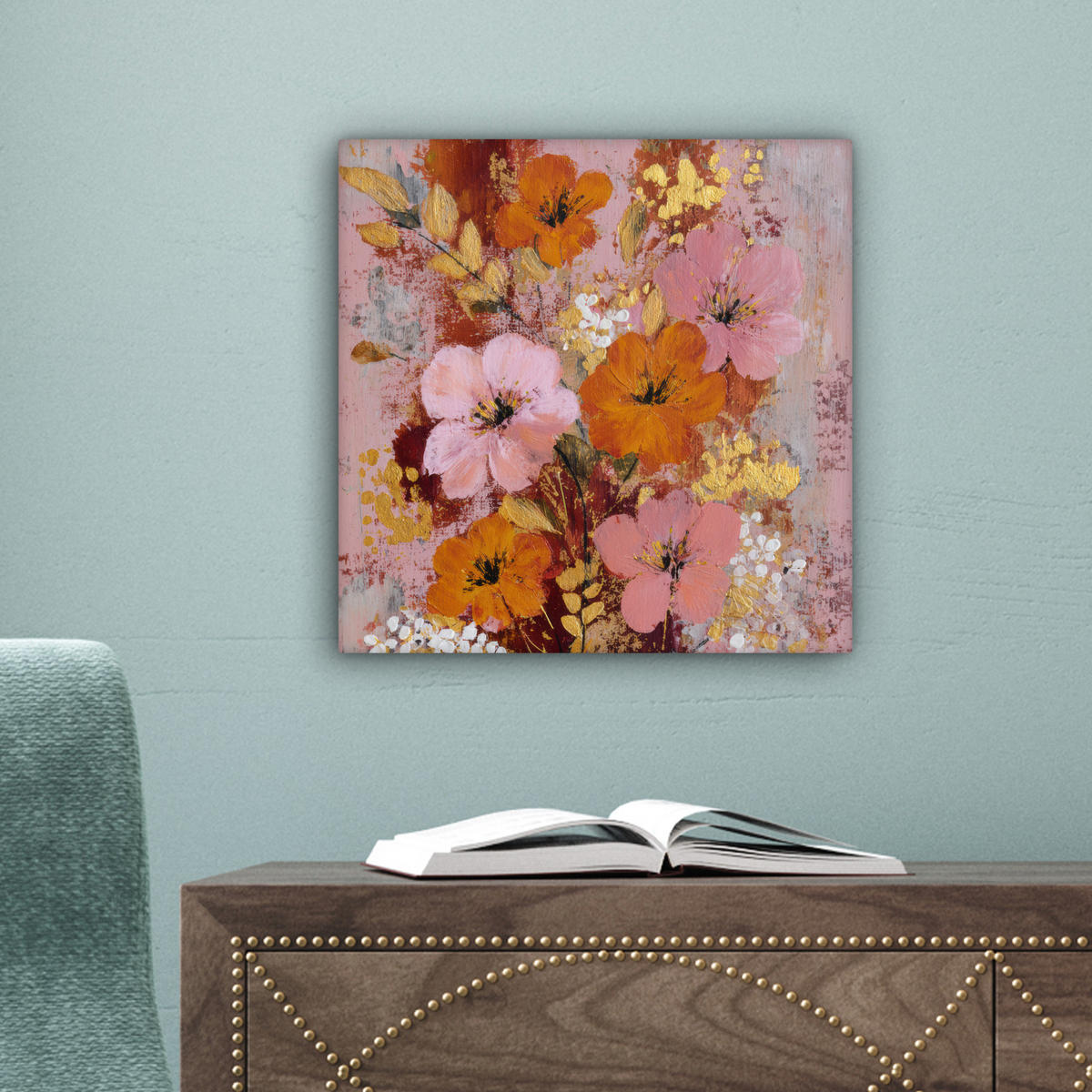 LEINWANDBILD Malerei - Blumen - Rustikal - Rosa Deko Wohnzimmer 20x20 cm - Altrosa, Textil (20/20cm) - MuchoWow