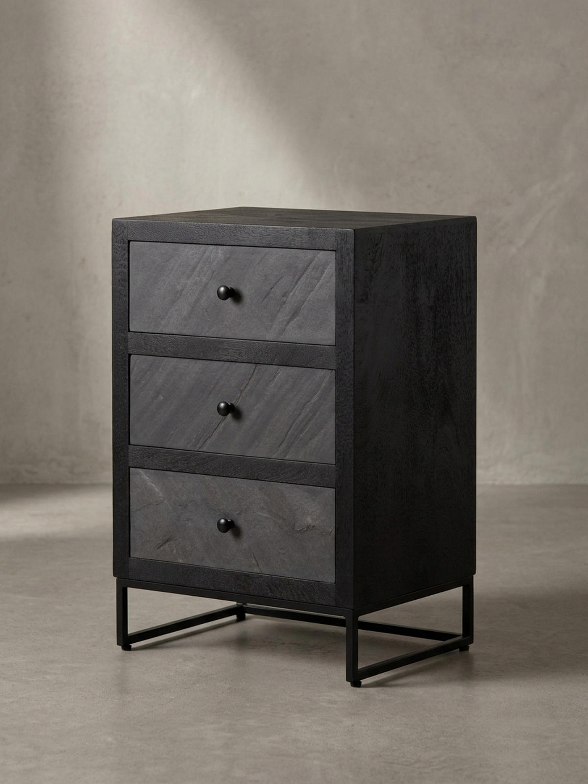 NACHTTISCH Massivholz Steinoptik 3 Schubladen Metallgestell, Schwarz 40x30x60 cm - Schwarz, Holz/Metall (40/60/30cm) - KADIMA DESIGN