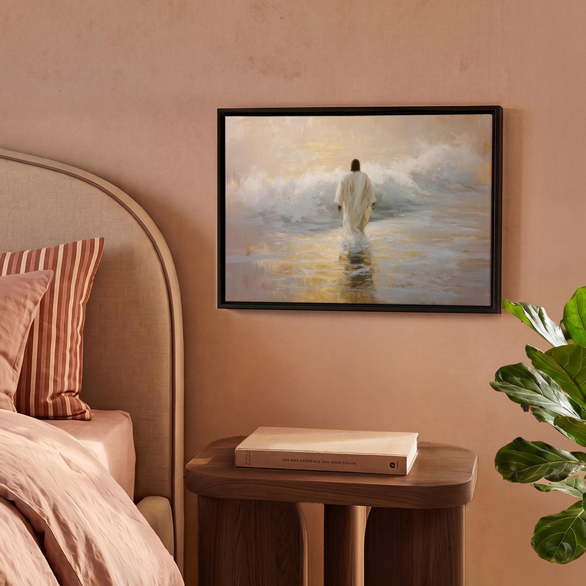 LEINWAND Bilder mit Rahmen - Gemälde - Welle - Jesus - Abstrakt - 40x30 - Goldfarben, Textil (40/30cm) - MuchoWow