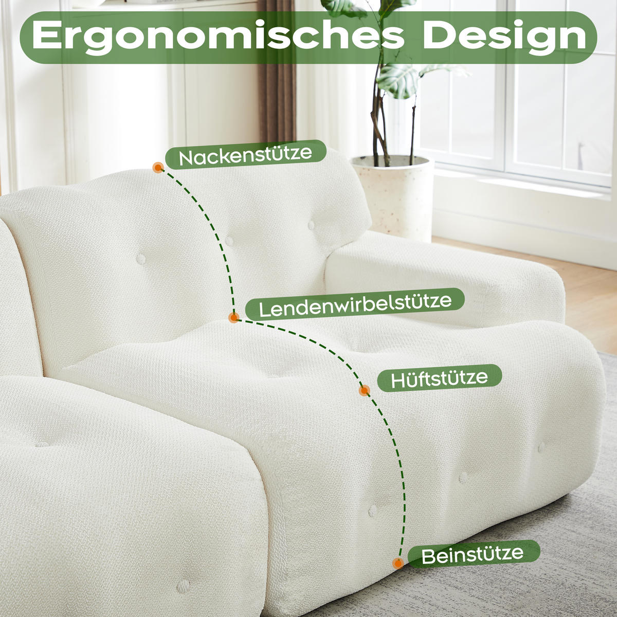 2-SITZER SOFA Chenille Beige mit breiten Armlehnen - Weiß, Textil (224/66/104cm) - WISHDOR
