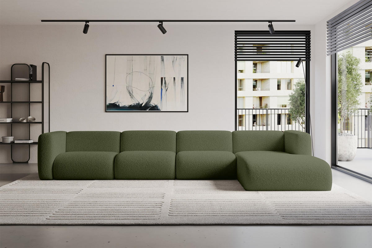 ECKSOFA Ottomane Rechts MIRA-L3 409x179x70 Grün Bouclé - Schwarz/Olivgrün, Holzwerkstoff/Kunststoff (409/179cm) - ALTDECOR
