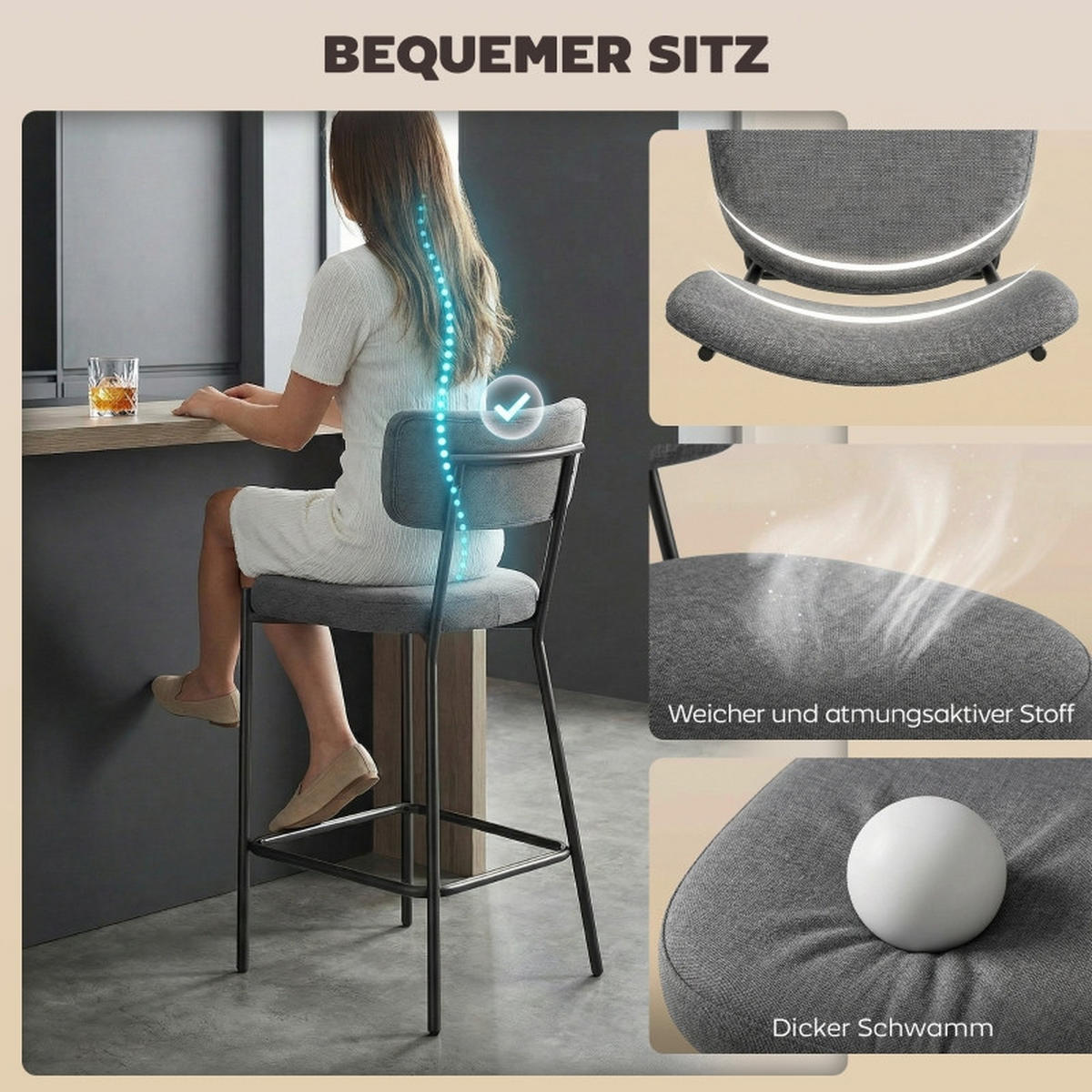 BARHOCKER DE-36064 2er Set mit Polsterbezug Grau - Grau, Metall (49/93/53cm) - ComfortXL