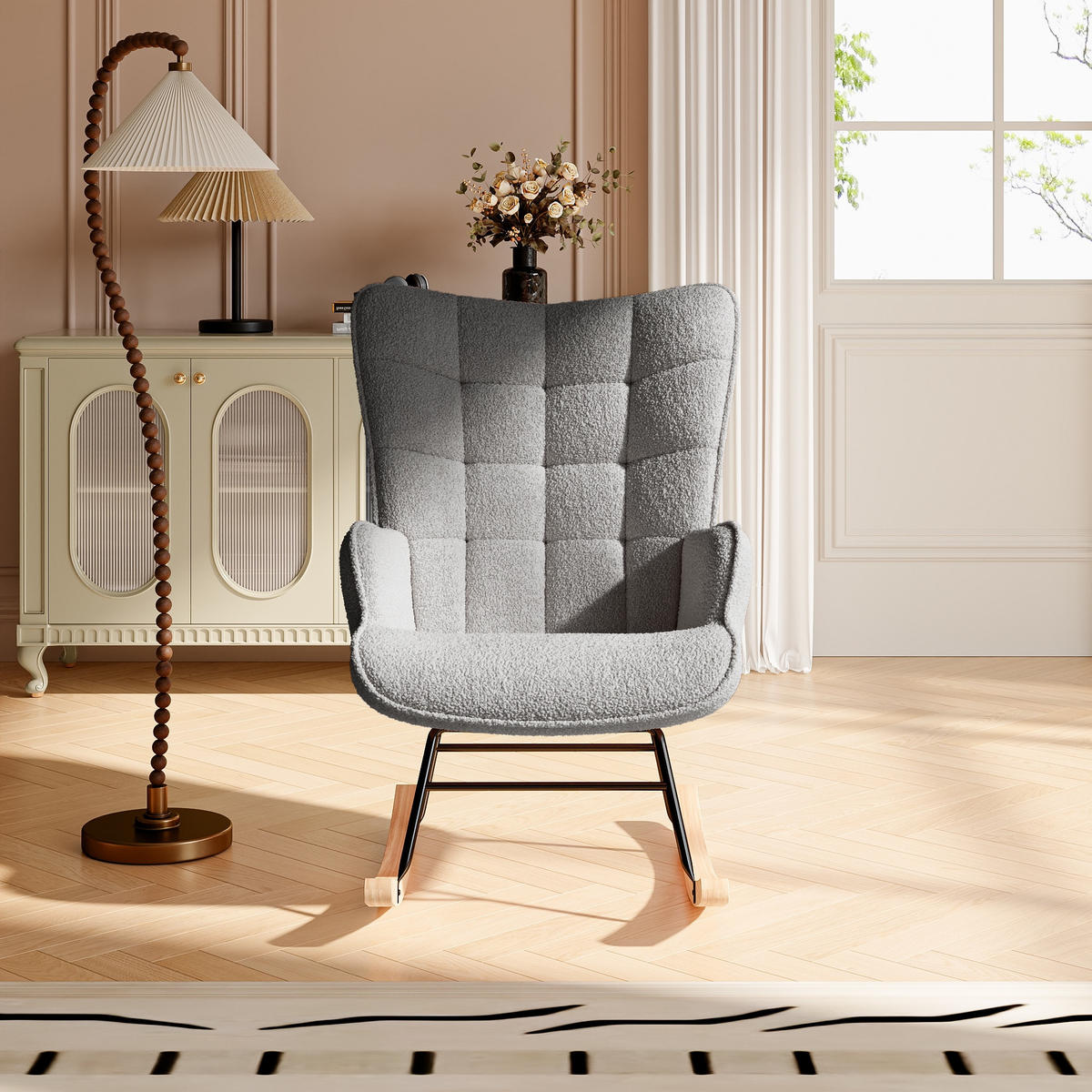 SCHAUKELSTUHL Teddy Comfort mit quadratisch gesteppter Rückenlehne, Teddy-Fleece Dunkelgrau - Dunkelgrau, Textil (68/92/75cm) - DELFA