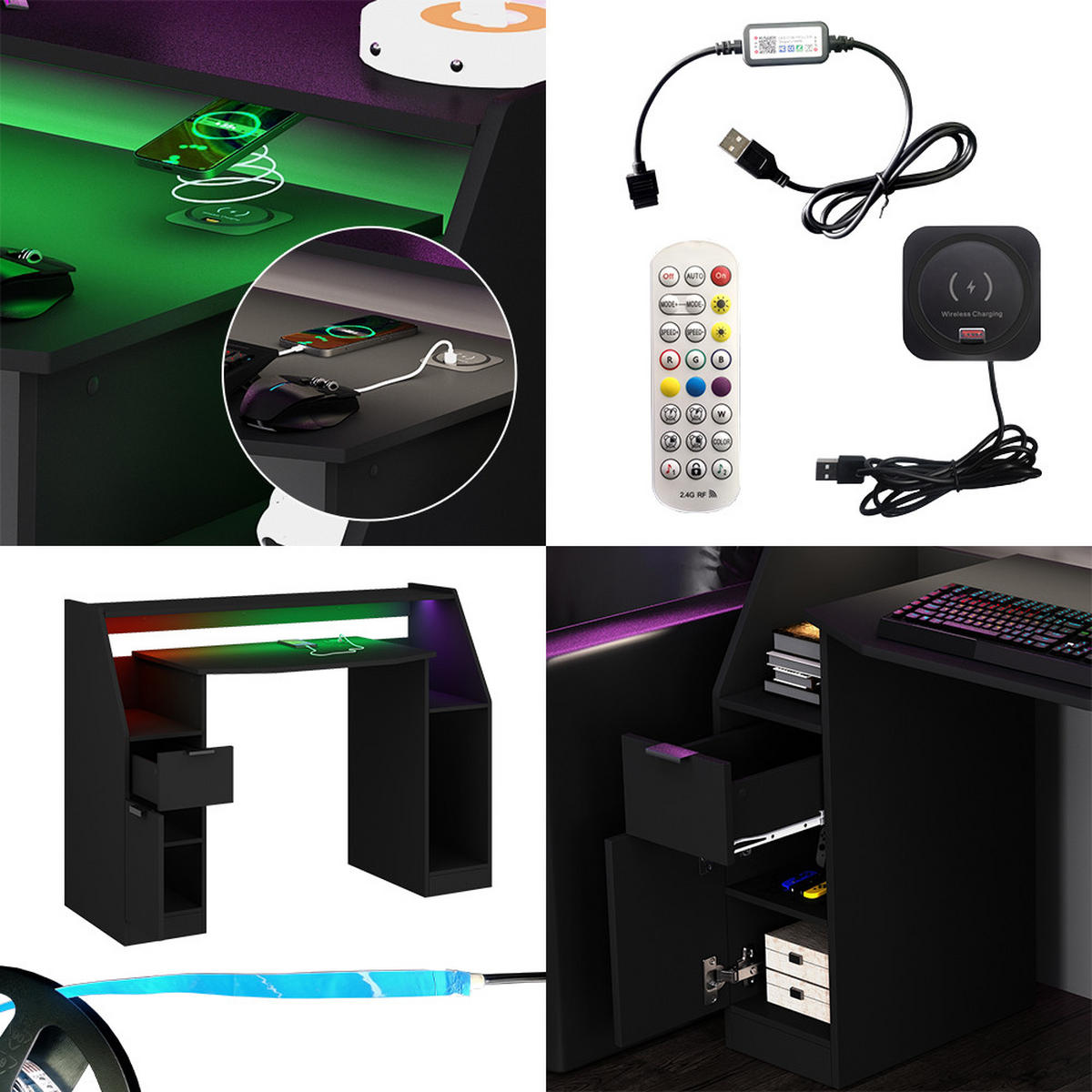 GAMING-TISCH Tails Schwarz 123 x 45 cm mit LED & QI - Schwarz, Holzwerkstoff (45/123/90.5cm) - Vicco