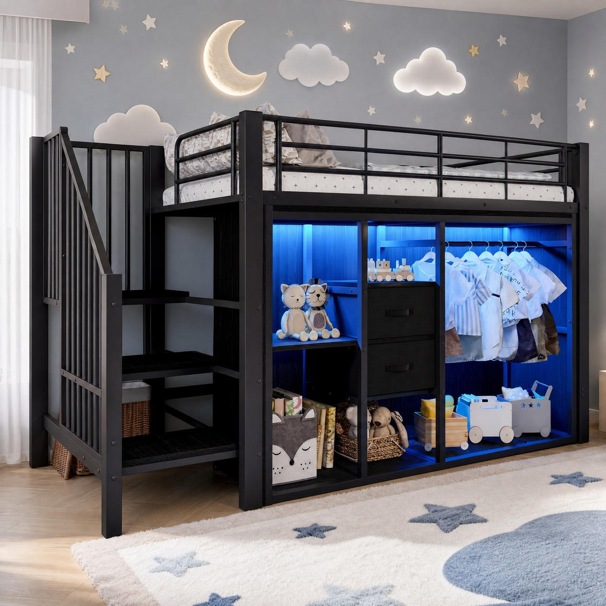 HOCHBETT 90/200 mit LED, 2 Schubladen und offenem Kleiderschrank in Schwarz - Schwarz, Holzwerkstoff/Textil (90/200cm) - EVRYAE