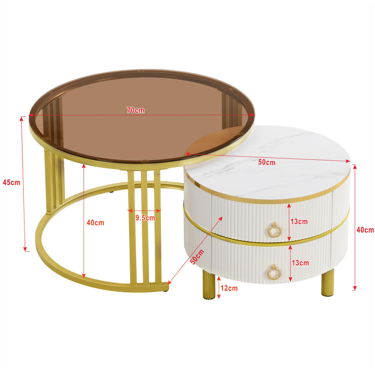 COUCHTISCH 70/70/45 cm und 50/50/40 cm Weiß aus MDF und Glas mit Stauraum - Weiß, Holzwerkstoff (70/70/45cm) - OKMYHOME