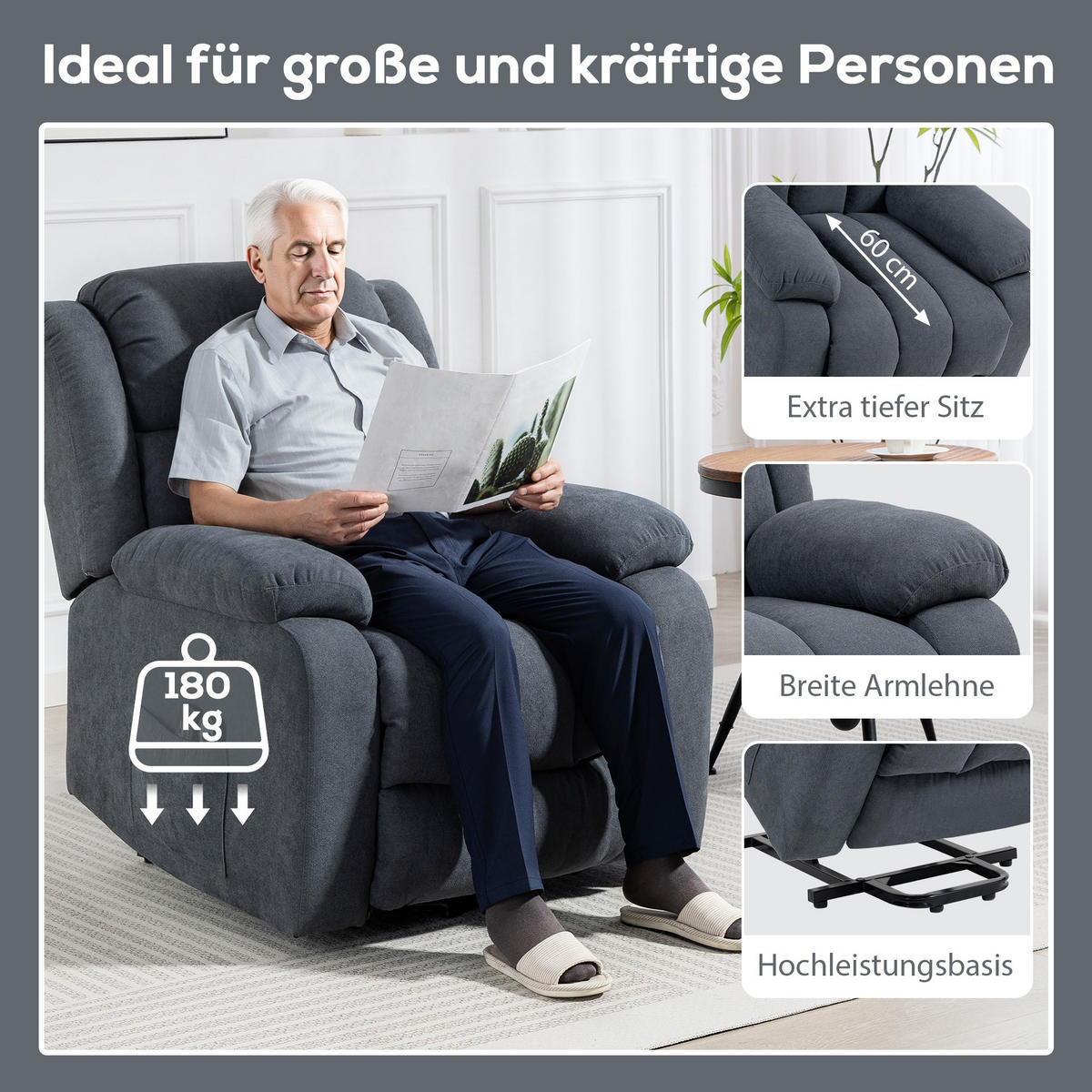 FERNSEHSESSEL,ELEKTRISCH Aufstehhilfe Liege-Massagefunktion,dunkelgrau - Grau, Textil (91/103/93cm) - Vallsero