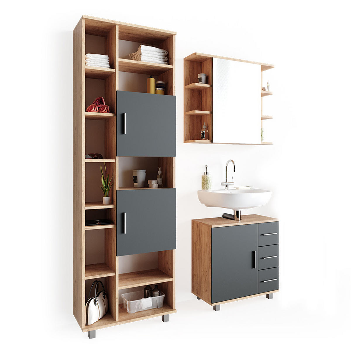 BADMÖBEL-SET Ilias Eiche 3 Teile, mit Unterschrank 60 cm - Eichefarben/Anthrazit, Holzwerkstoff (60/60.8/33cm) - Vicco