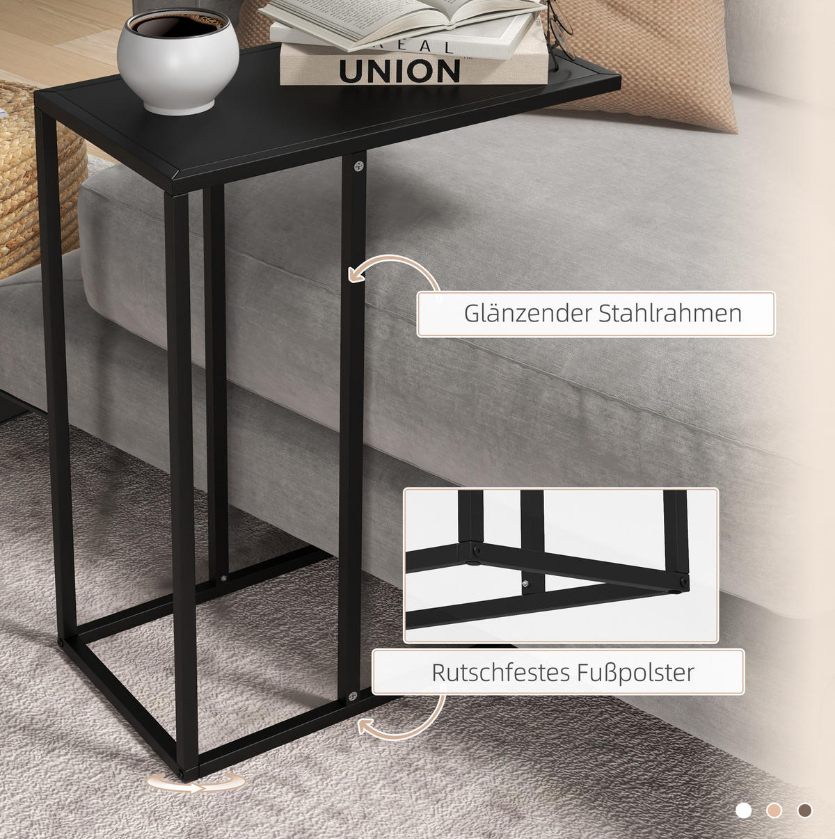 BEISTELLTISCH aus Stahl 46x26x60 cm Schwarz in C-Form mit Boden schonenden Fußkappen - Schwarz, Metall (26/46/60cm) - IVMEU
