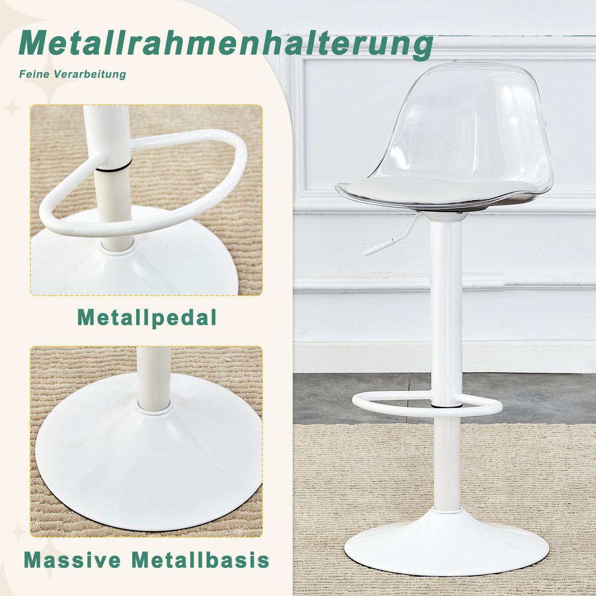 BARHOCKER 2er-Set höhenverstellbar Weiß mit transparenter Rückenlehne - Weiß, Metall (40.5/104/40.5cm) - MIVRAY
