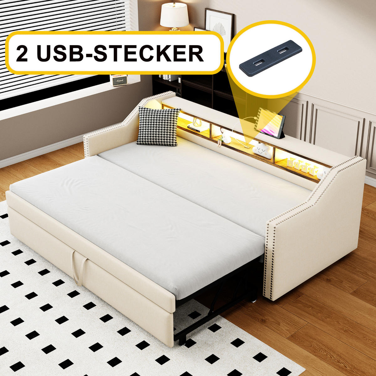 SCHLAFSOFA 90/190 cm ausziehbar mit LED, Matratze,USB, Ablagefächern und Leinenbezug, Beige - Beige, Textil (102/74/203.5cm) - Redom
