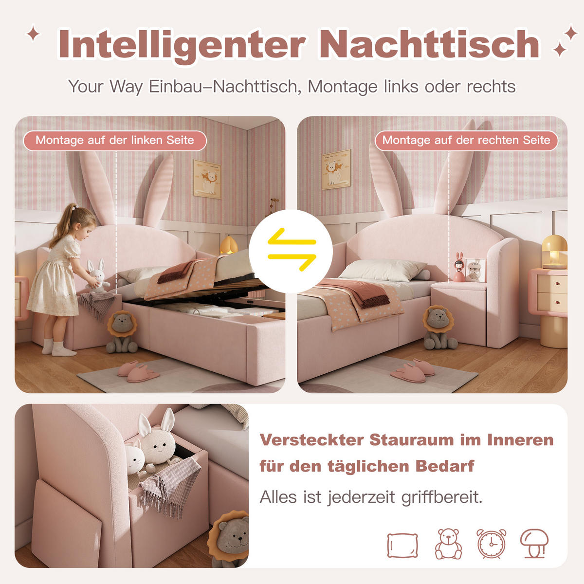 POLSTERBETT 90/200 cm in Rosa mit Hasenohren, Stauraumbox und Nachttisch - Rosa, Holzwerkstoff/Textil (90/200cm) - WISHDOR