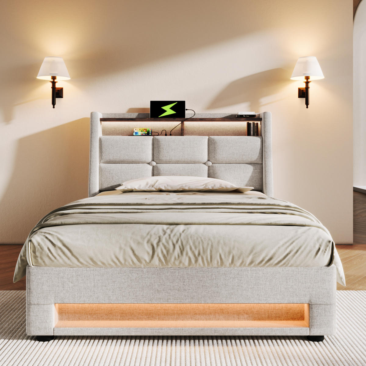 POLSTERBETT aus Leinen 90x200 cm Hellbeige mit Bettkasten, LED-Beleuchtung, USB und Matratze - Beige, Textil (90/200cm) - IVMEU