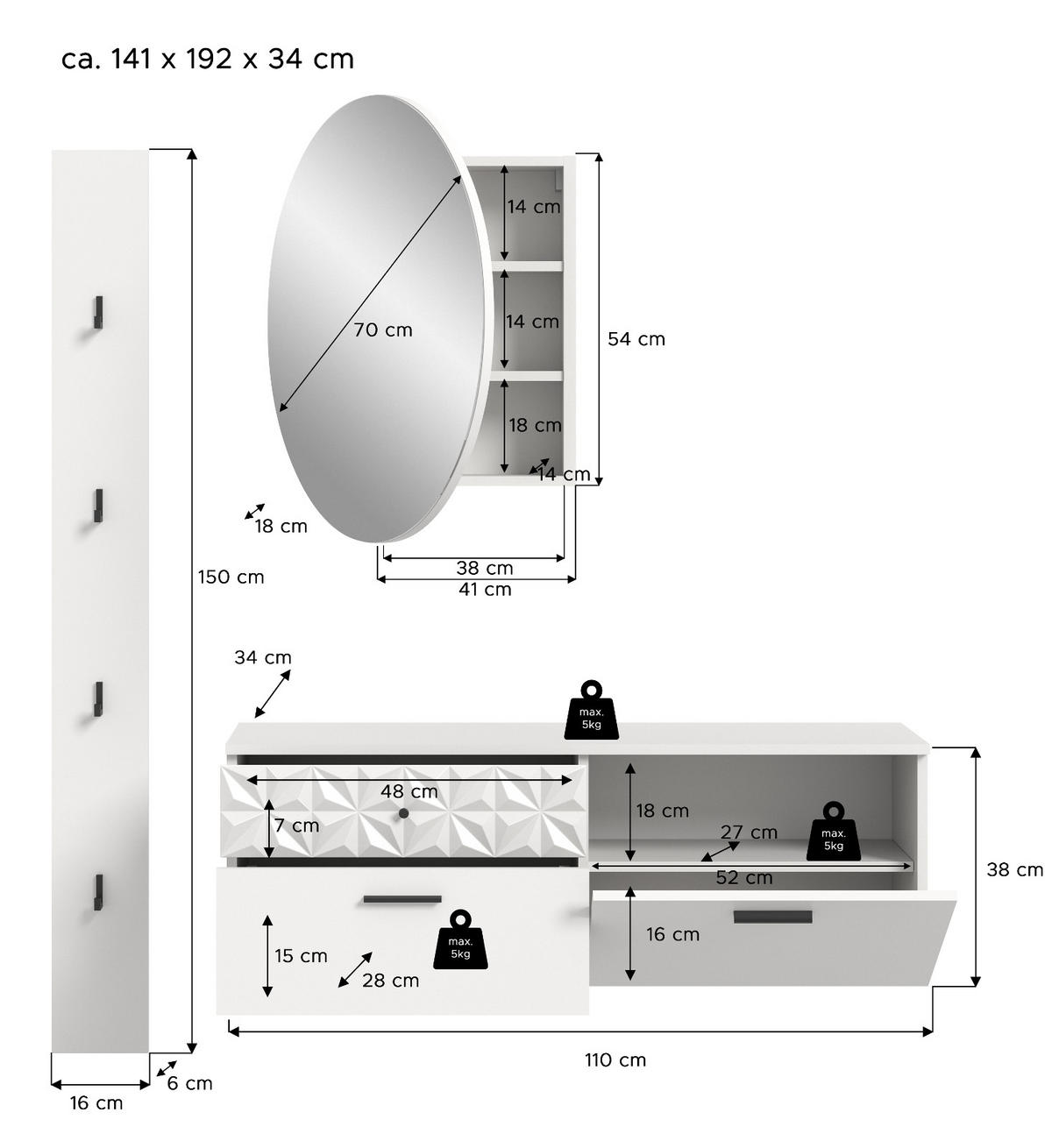 GARDEROBE Set weiß Hochglanz 140 cm, Kombination mit 3D-Struktur - Weiß Hochglanz/Schwarz, Glas/Holzwerkstoff (141/192/34cm) - Inn.Furn