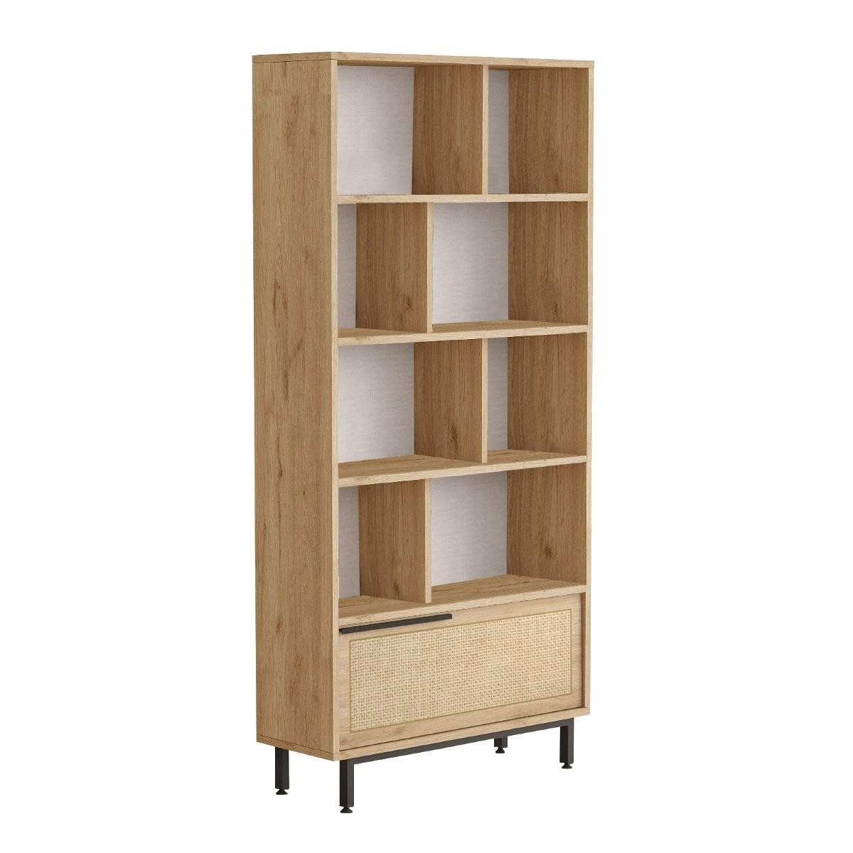 REGAL mit 9 Regalböden und 1 Tür, Eichen-Dekor und Rattan-Druck - H175,6 cm - Apfelbaumfarben, Holzwerkstoff (29.5/175.6/83.9cm) - Calicosy