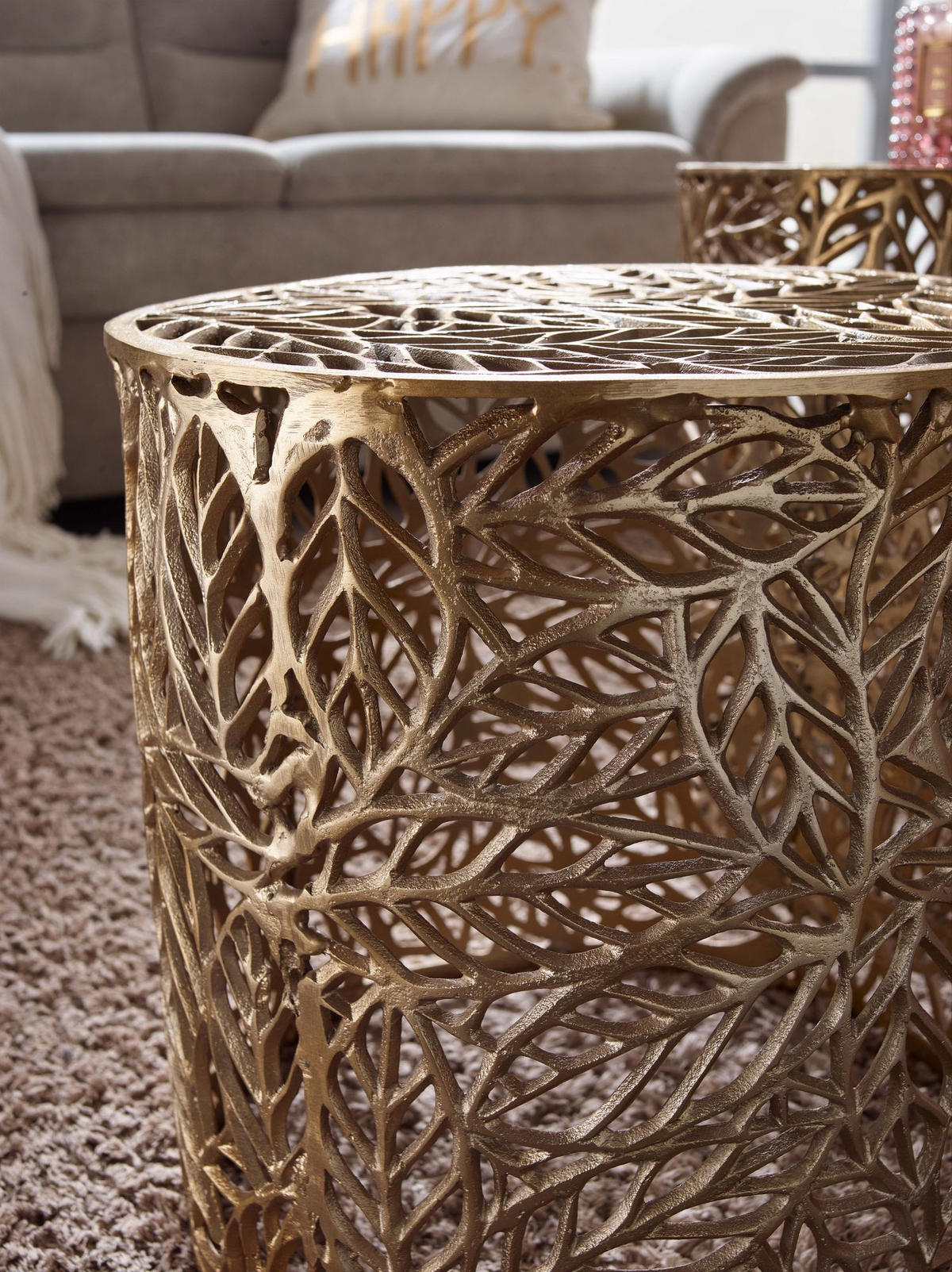 COUCHTISCH Set – Aluminium Silber 2-teilig mit Blumenmuster ineinanderstellbar - Goldfarben, Metall (41/41/42cm) - KADIMA DESIGN