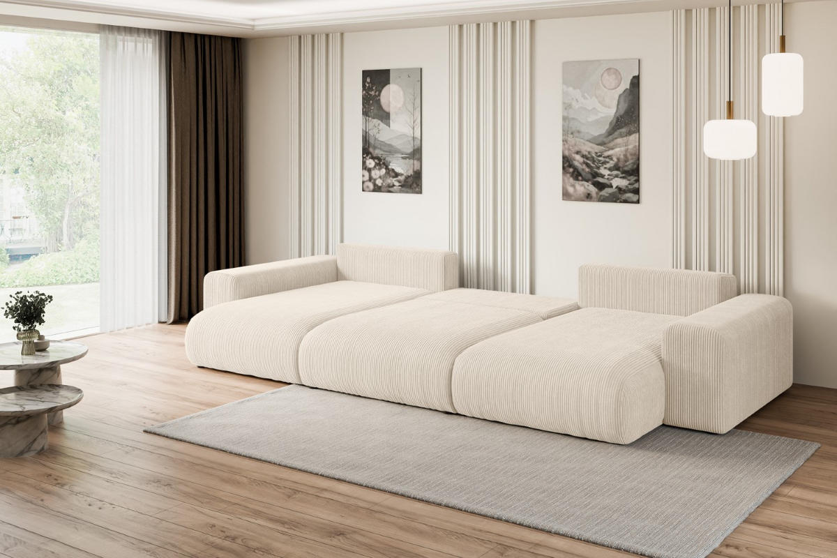 WOHNLANDSCHAFT mit Schlaffunktion und Bettkasten ESKAR-U -352x165x84cm Beige Cord - Beige/Schwarz, Holzwerkstoff/Kunststoff (352/84/165cm) - ALTDECOR